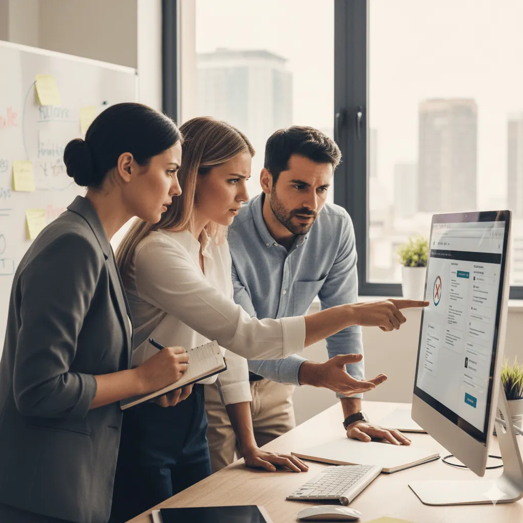 Three professionals closely examining a computer screen in an office, with one woman pointing at the screen and another taking notes.