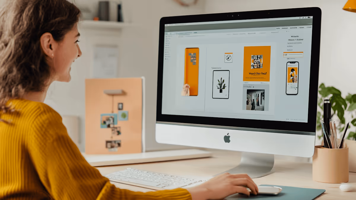 Woman in a mustard sweater working on graphic design projects displayed on a large Apple iMac screen in a bright, organized workspace.