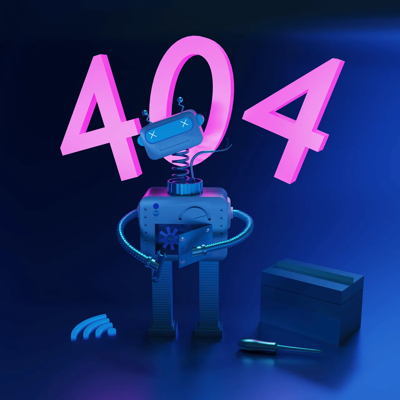 Blue robot with an open chest panel stands in front of large pink 404 text, accompanied by a toolbox, screwdriver, and wireless signal icon on a dark blue background.