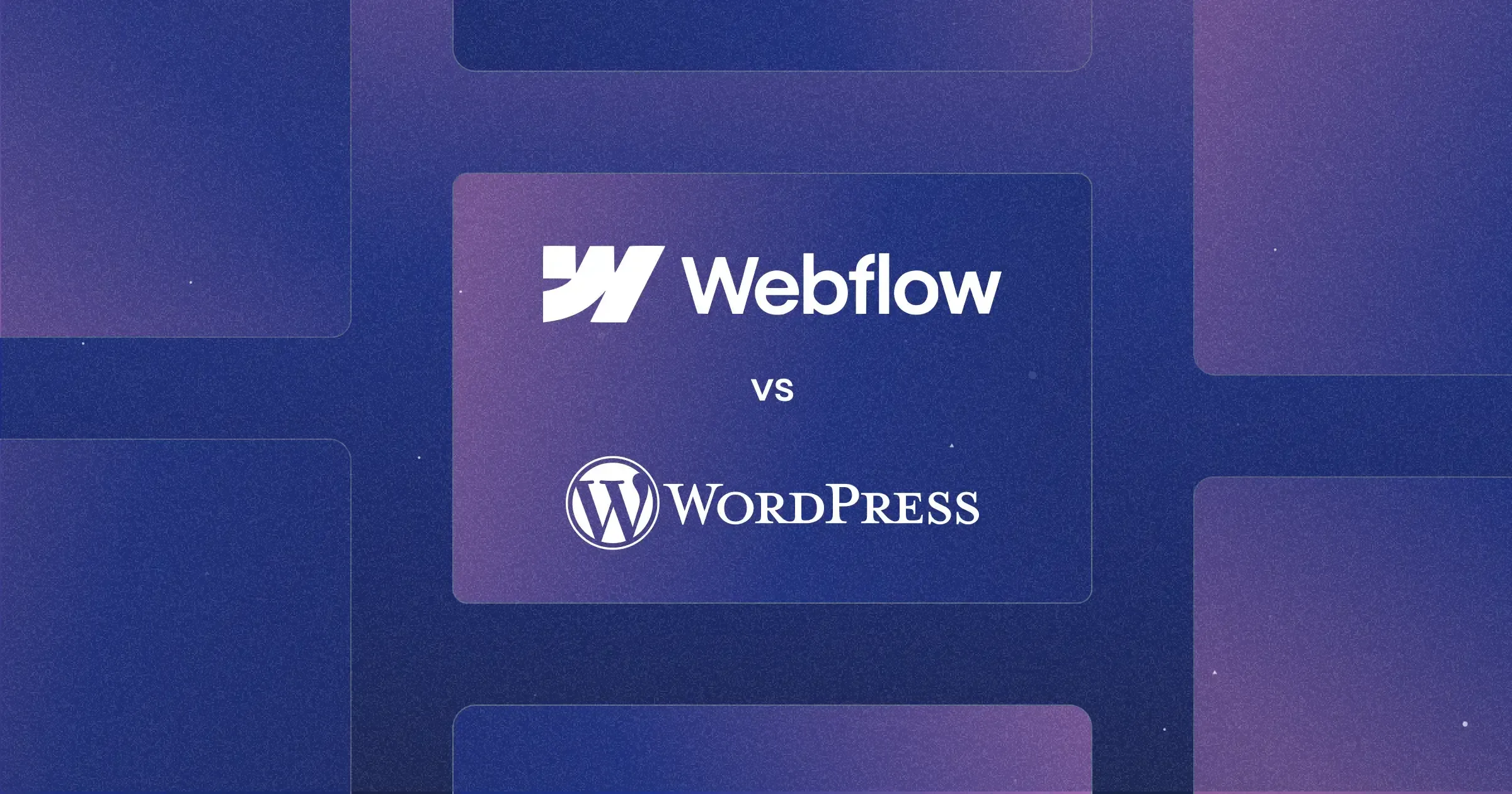Webflow logo above the word 'vs' and the WordPress logo on a purple gradient background.